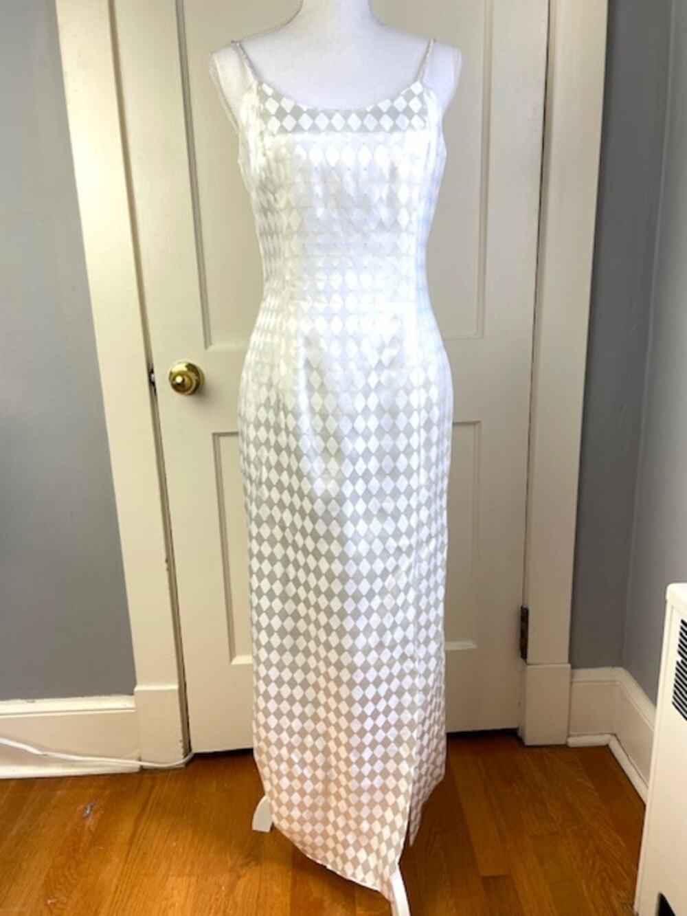 Jessica McClintock Gunne Sax Ivory Satin Harlequin Diamond Maxi Dress 9/10 USA